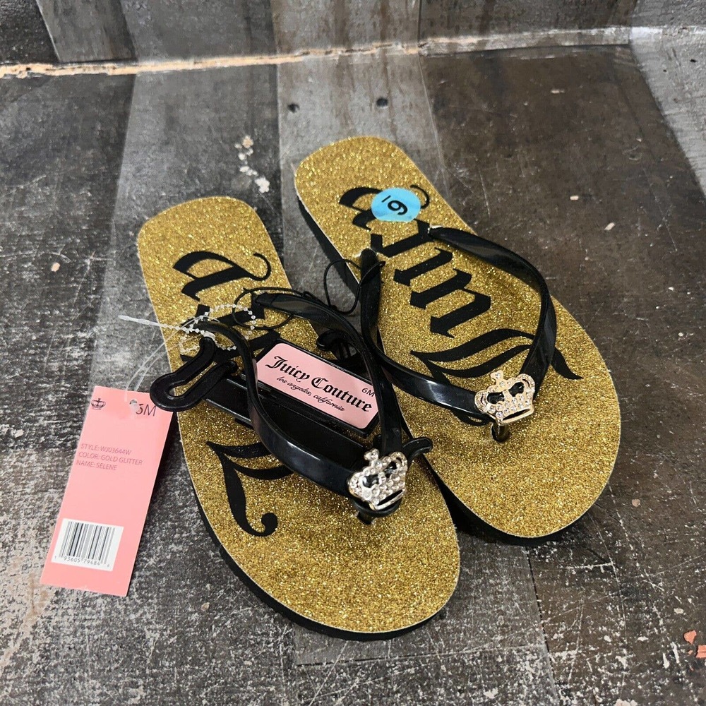 Juicy Couture Flip‎ Flop Sandal Women's Size 6 Gold Glitter Black Crown Selene